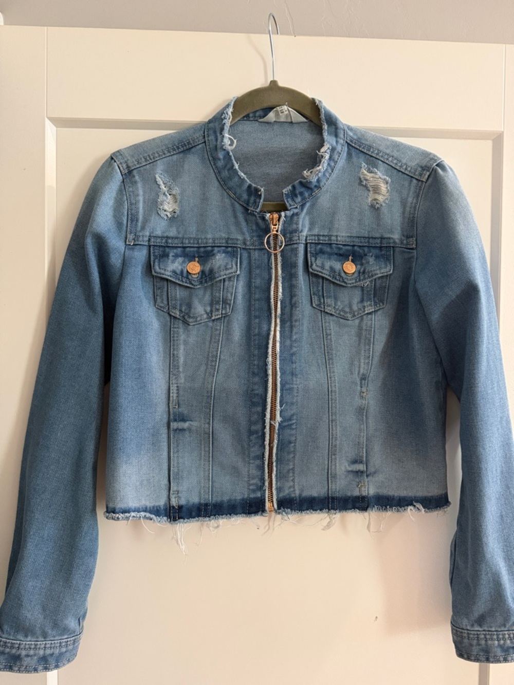 Ci Sono Washed Light Blue Cropped Denim Jacket with Zip